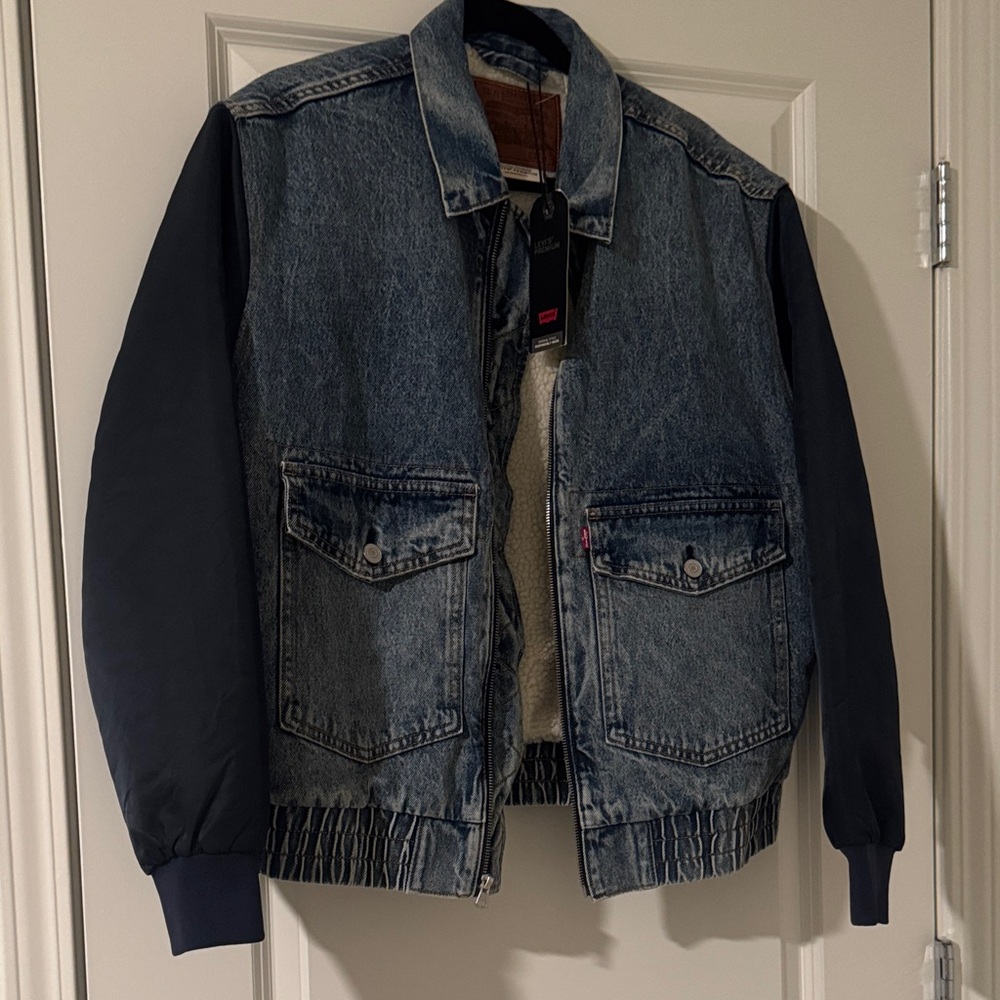 Levi's Blue Denim Jacket with Navy Satin Puffer Sleeves